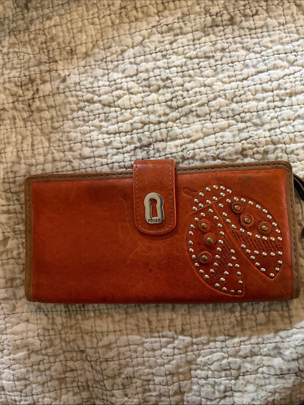 Fossil Orange Leather Studded Continental Wallet with Keyhole Accent